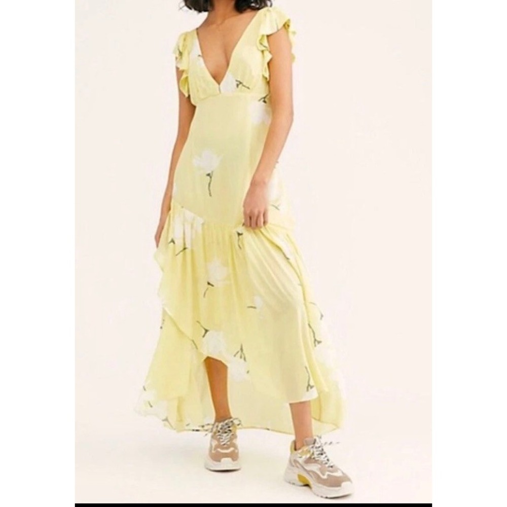 Free People Heatwave Maxi Dress Yellow Floral Ruffle V-Neck Backless Size 4